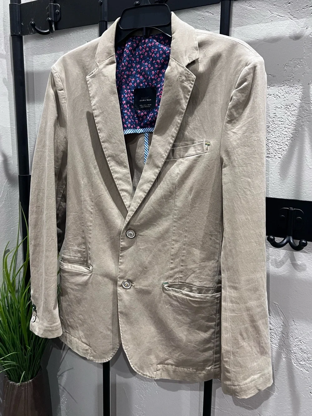 Zara Man Blazer Cotton Denim Tan Khaki Size Large